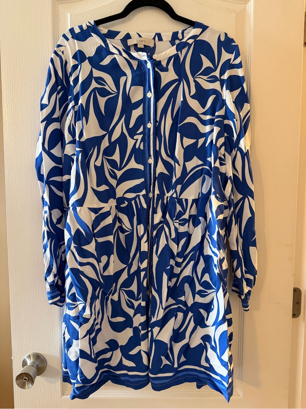 LOFT Blue and White Leaf-Print Long Sleeve Dress